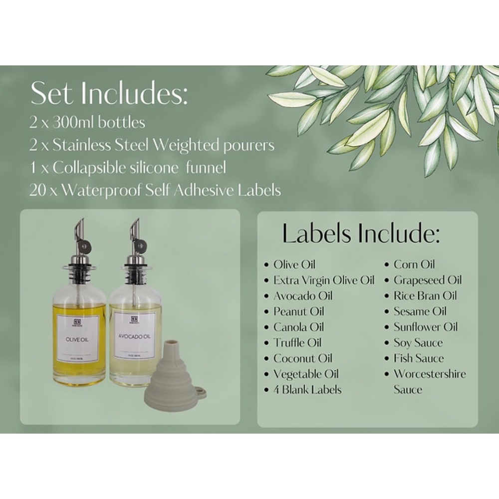 Glass Oil & Vinegar Dispenser Set 300ml | Weighted Pour Spouts | Labels | Funnel - Picture 3 of 4